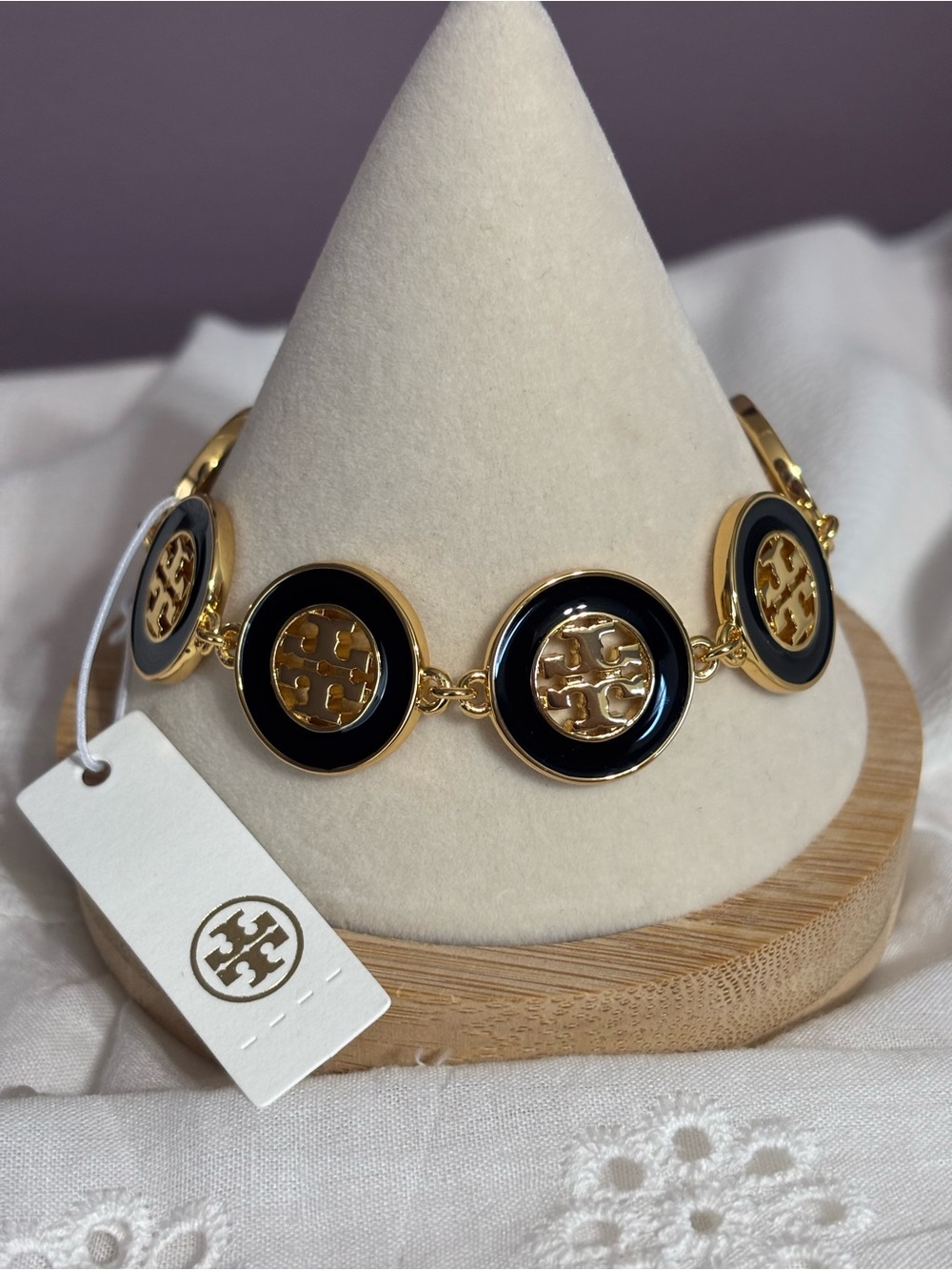 Tory Burch Gold-Tone Bracelet with Black Enamel Logo Medallions